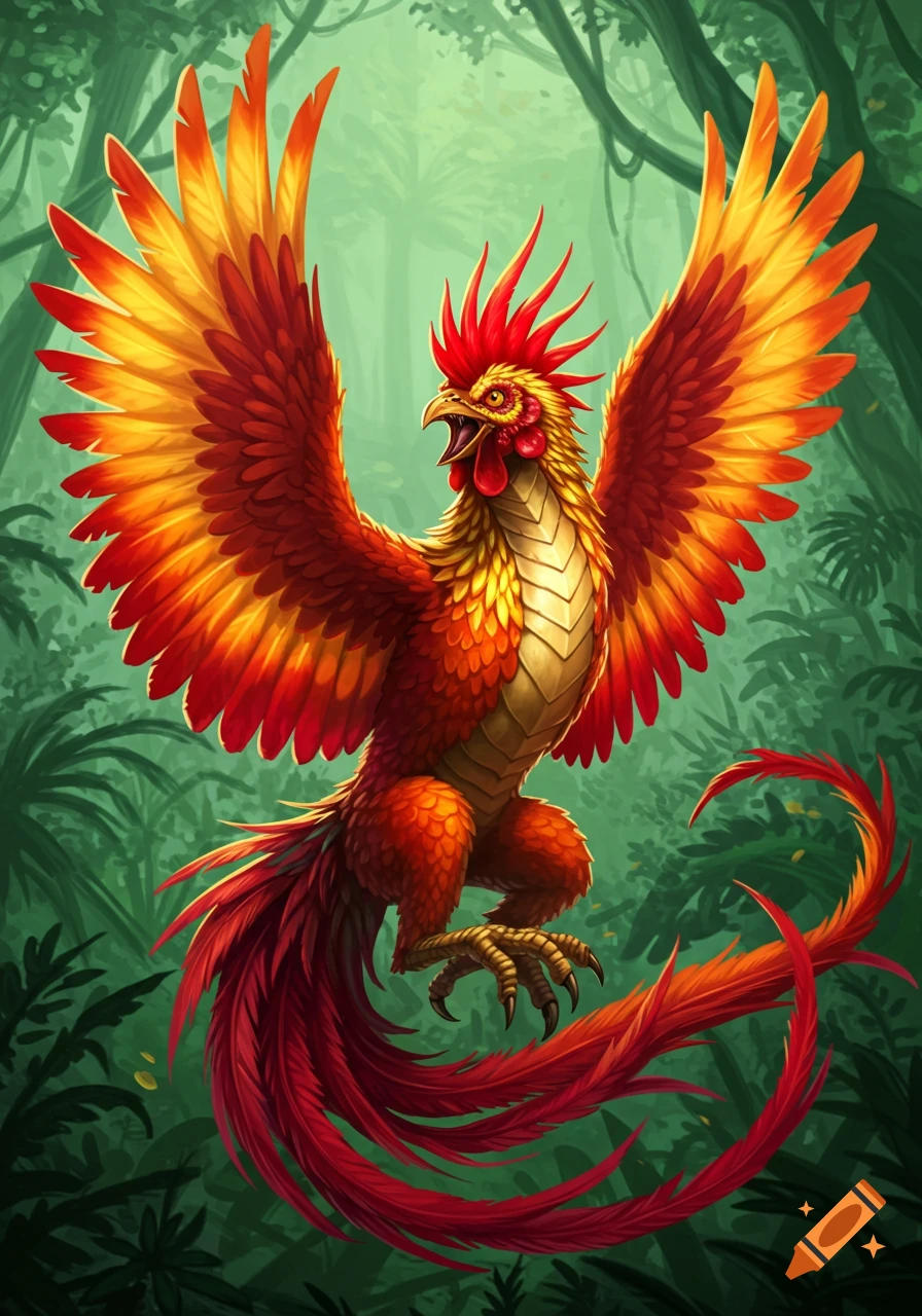 Fantasy creature resembling a fiery rooster or phoenix in a lush jungle ...