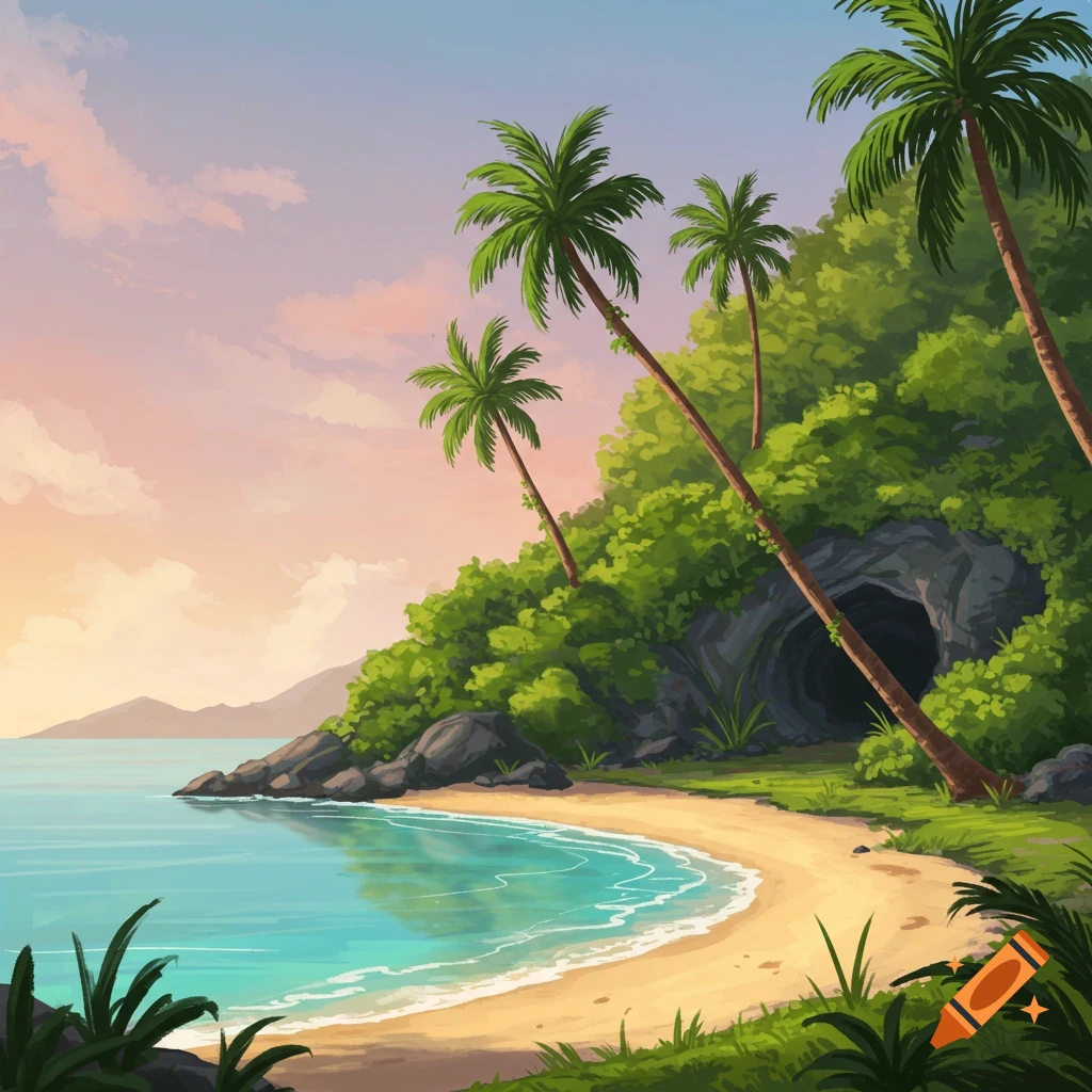 Illustrated tropical beach scene at sunset with palm trees, sand, blue water, rocks, and a cave entrance on a lush island.