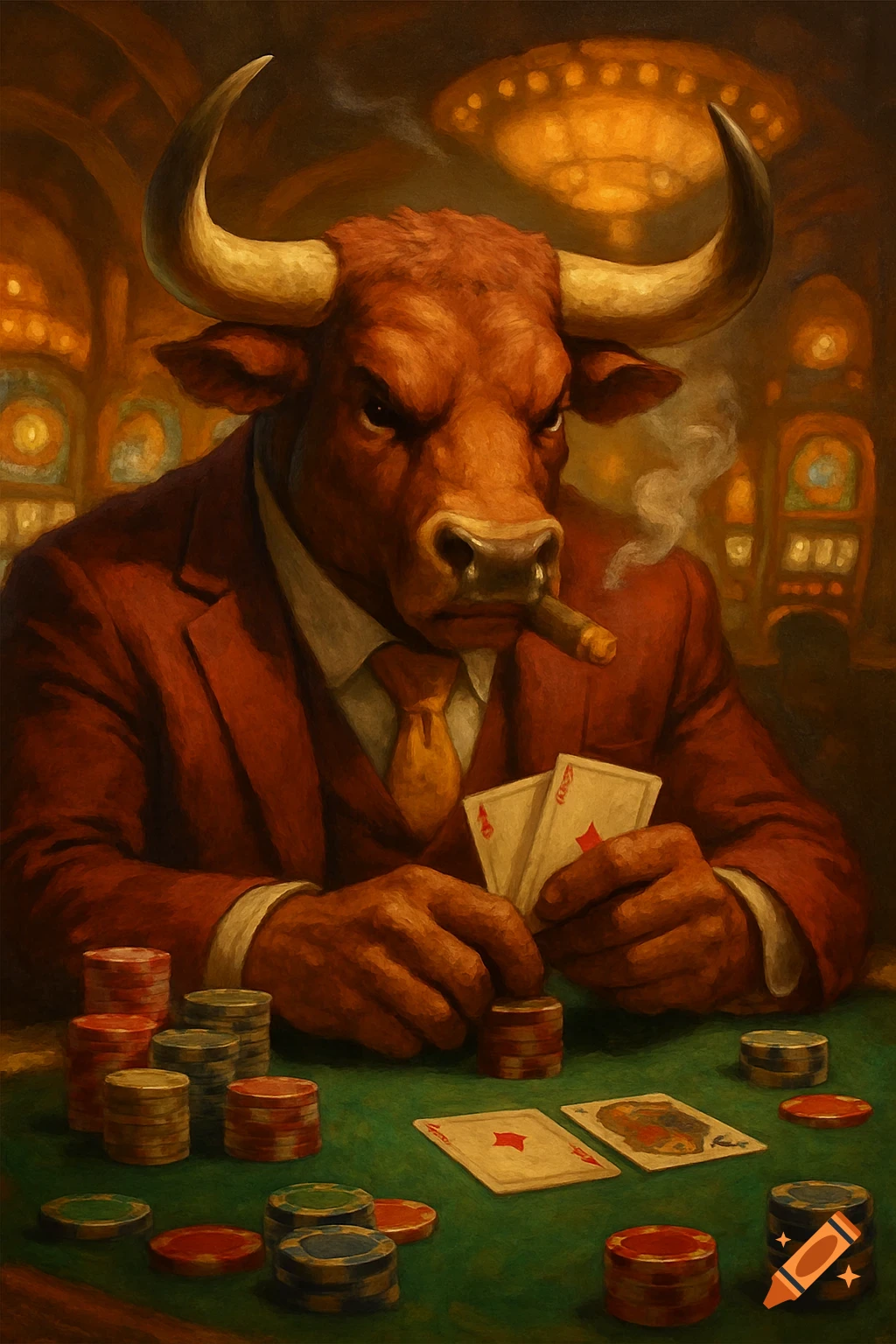 A bull in a red suit plays poker at a casino table, holding cards and smoking a cigar. The image is in a painted style.