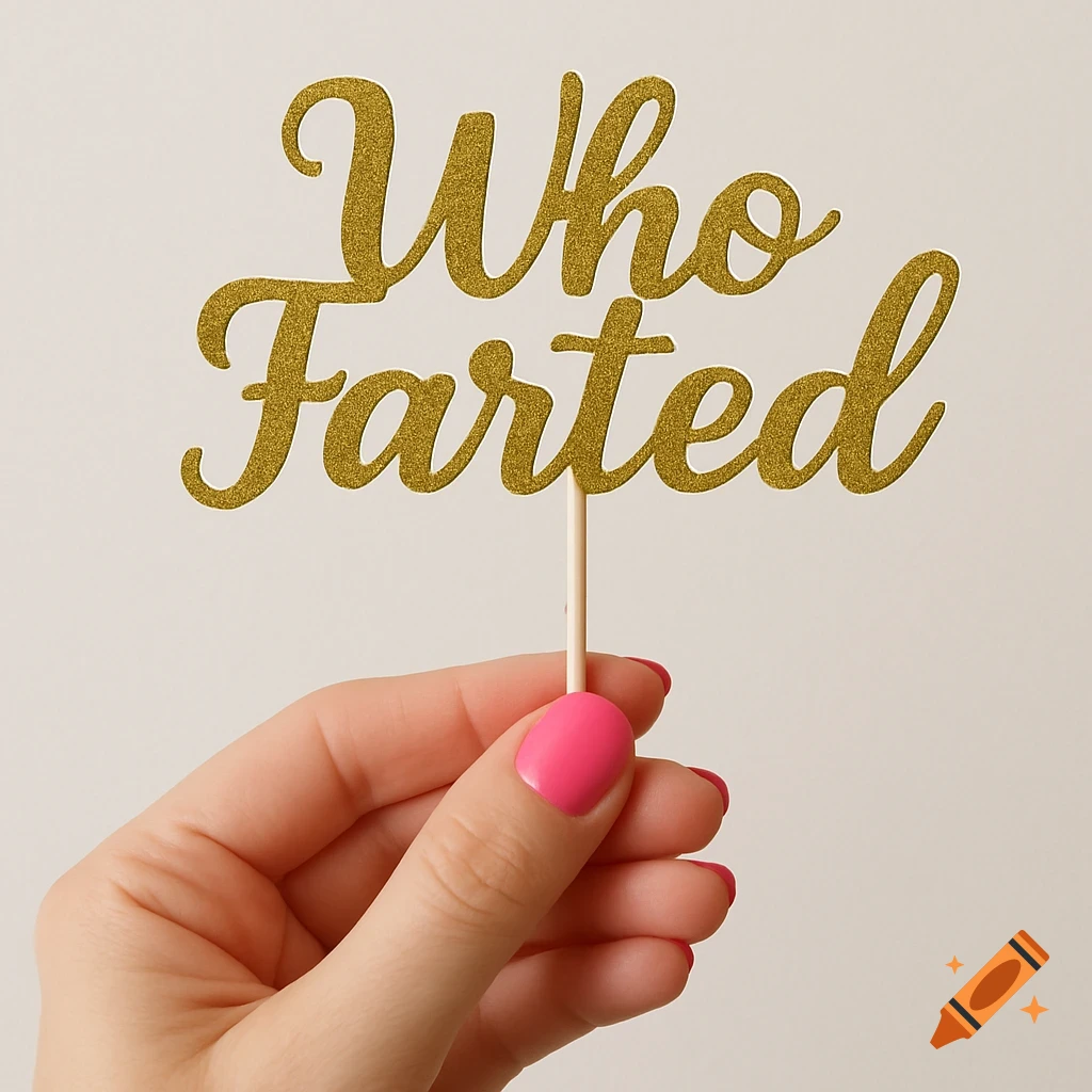 A hand with pink fingernails holds a glittery gold sign that says Who Farted on a stick.