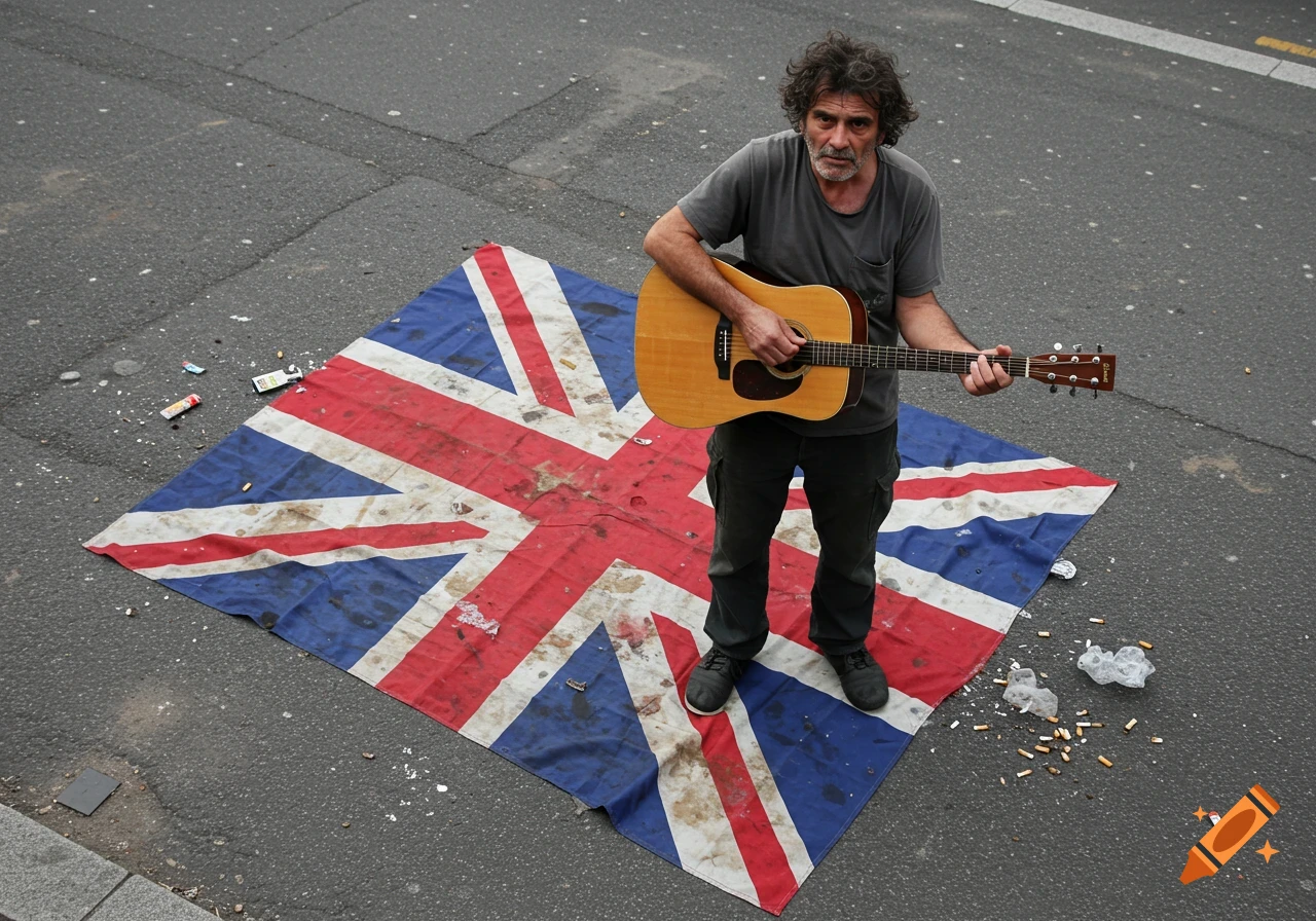A man playing a guitar stands on a discarded Union Jack flag on a street.