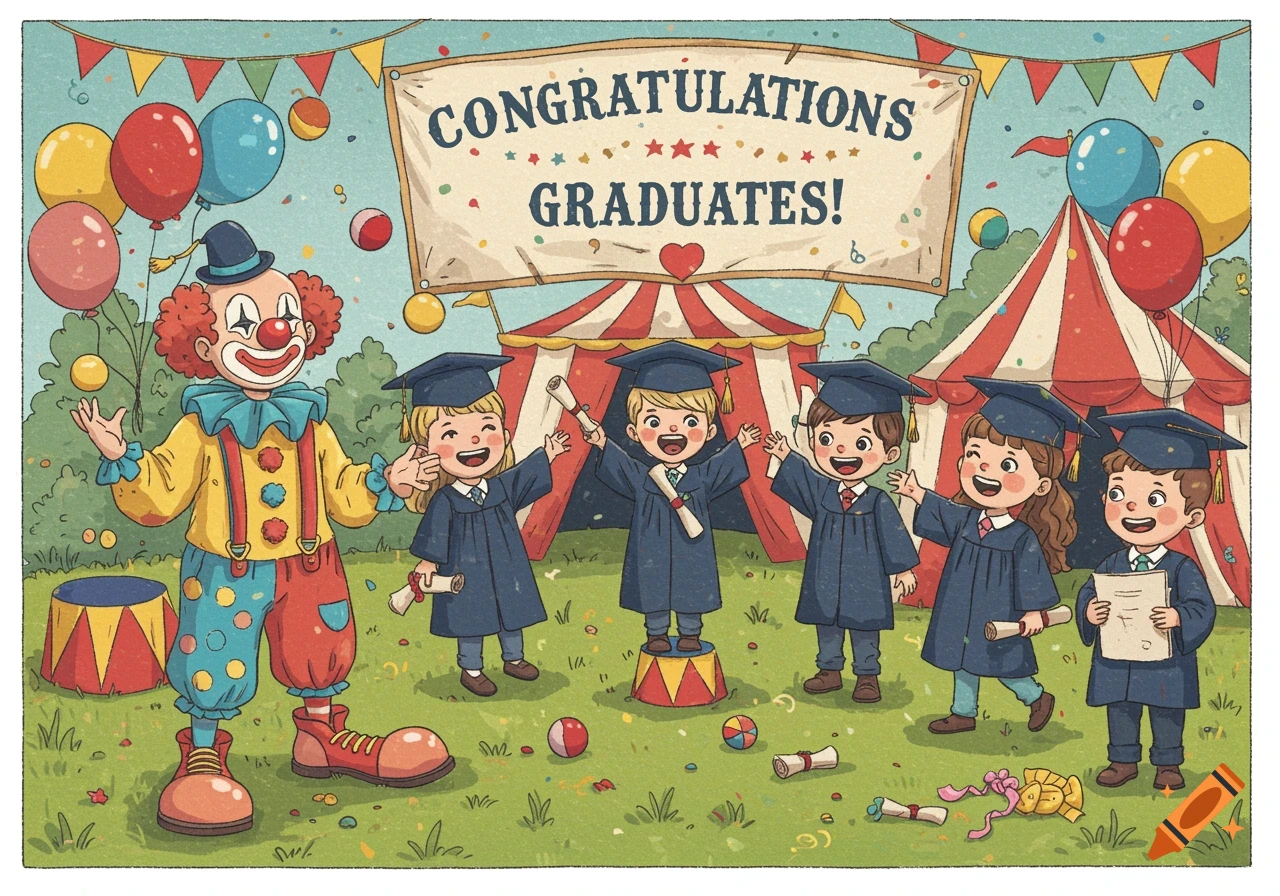 Clown and kids in graduation attire celebrating under a banner at a circus tent, illustration.