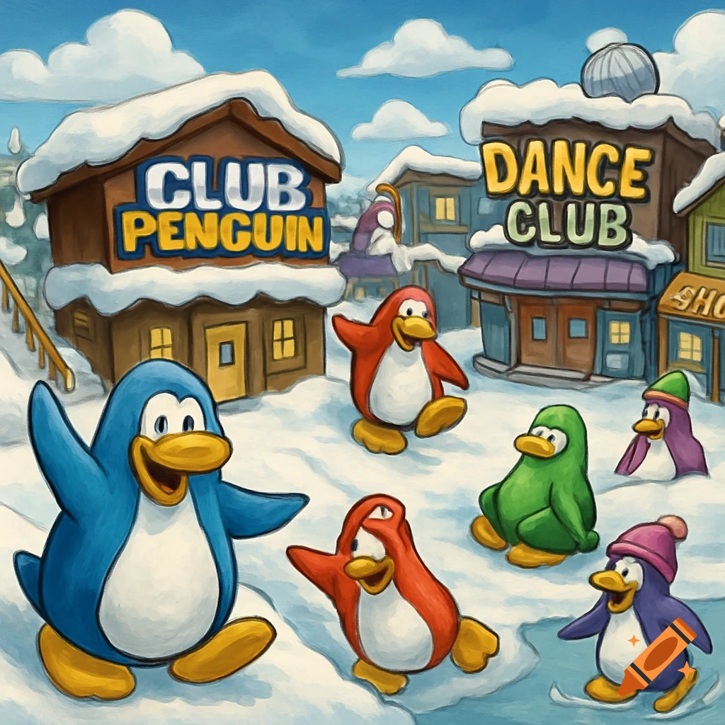 Cartoon penguins in a snowy town with signs reading 'Club Penguin' and 'Dance Club' in a painterly style.