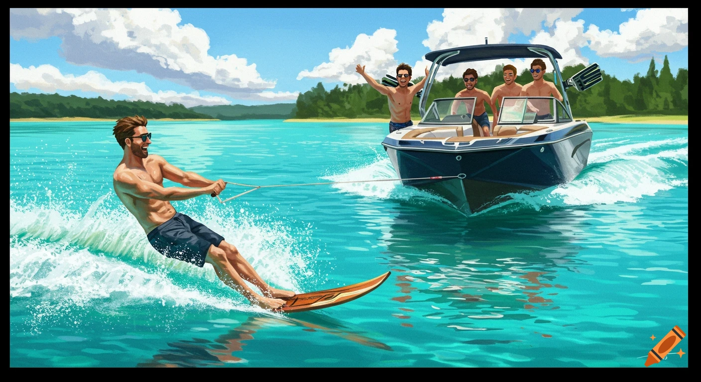 Illustration of a man water skiing behind a boat on a lake, with other men in the boat, under a sunny sky.