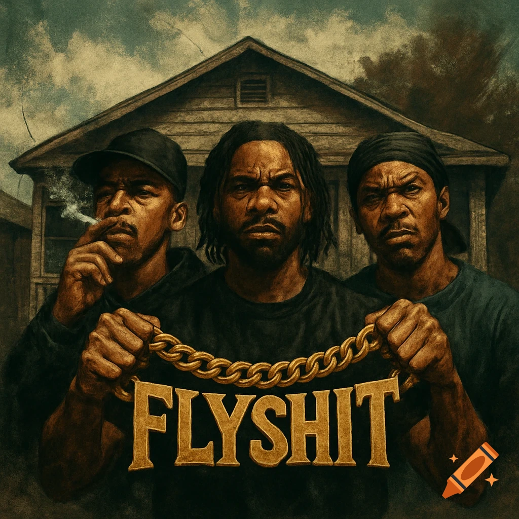 Three men, one smoking, hold a gold chain with 'FLYSHIT' text in front of a house. Gritty, artistic style.