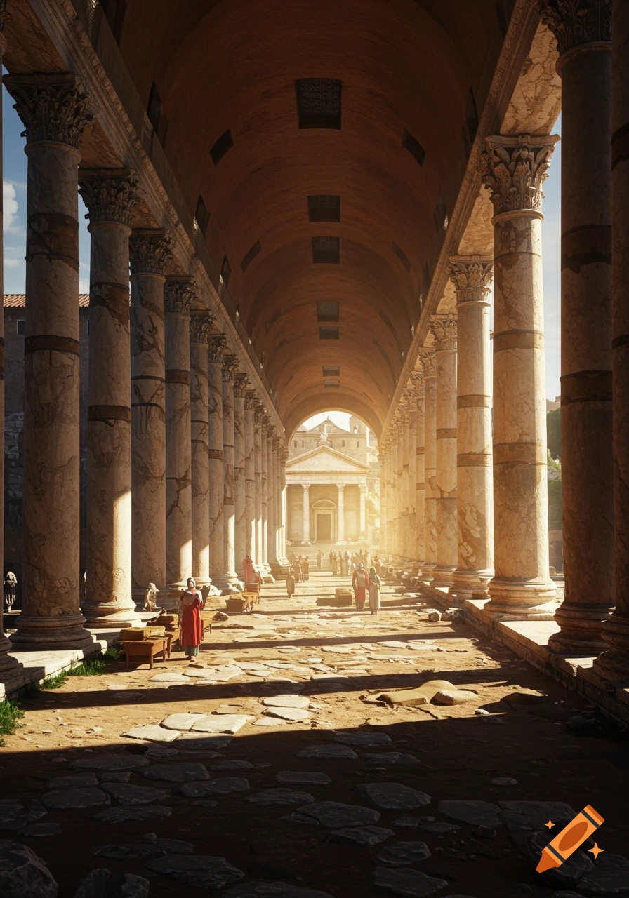View down a sunlit colonnade in ancient Rome towards a temple with people.