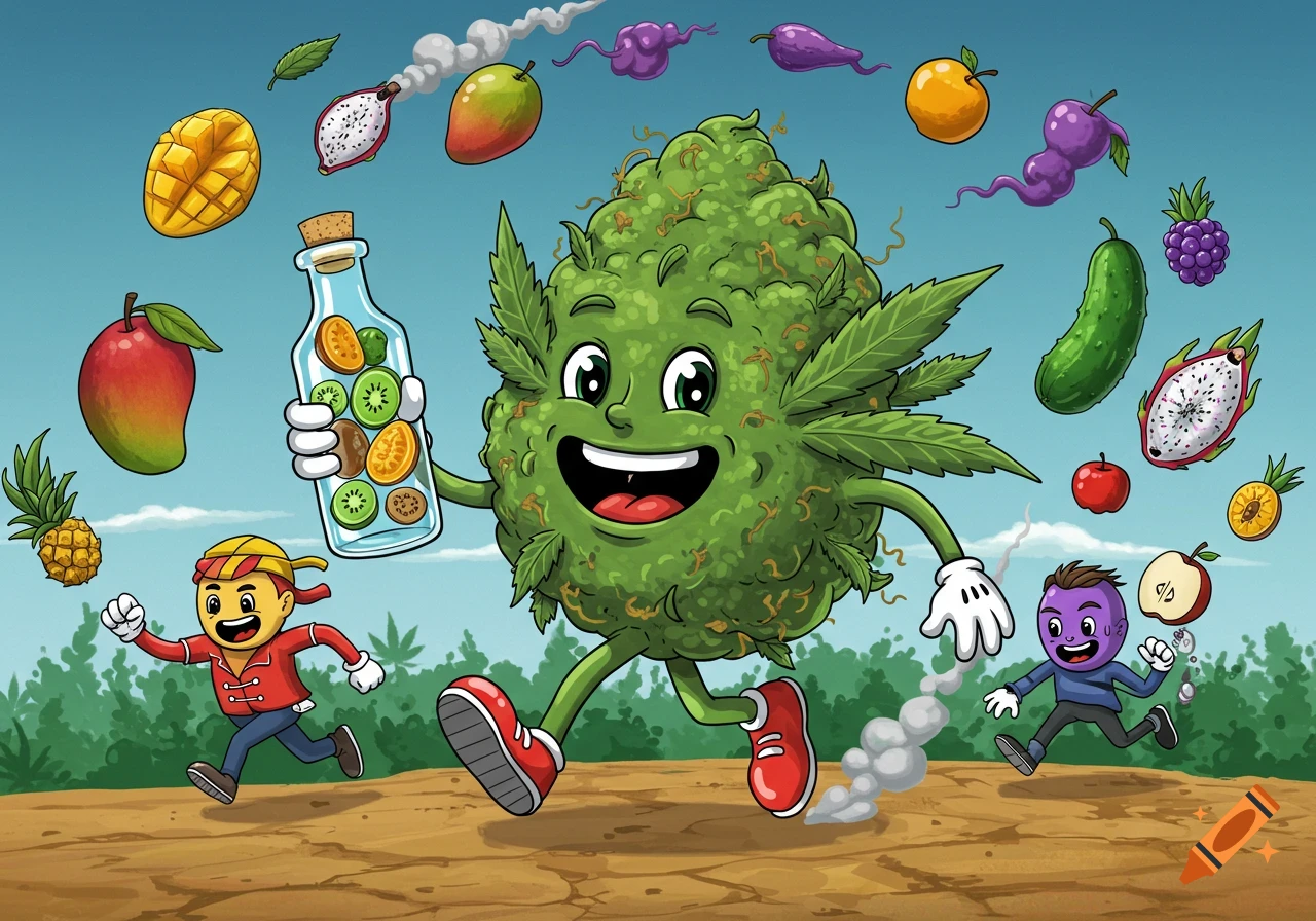 Cartoon cannabis bud character running with a bottle of fruit, chased by small characters, with fruits floating around.