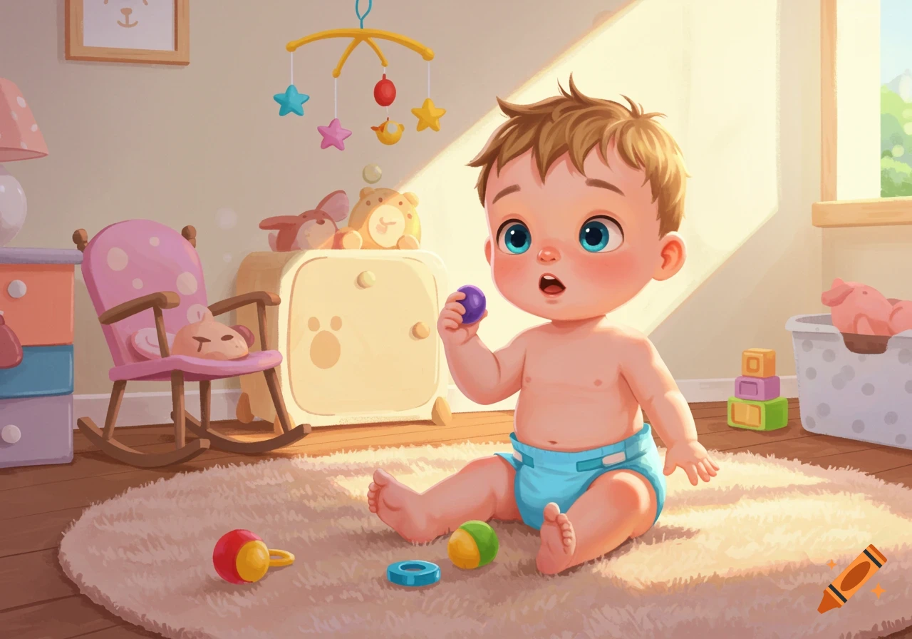 Cartoon illustration of a baby sitting on a rug playing with toys in a bright nursery.