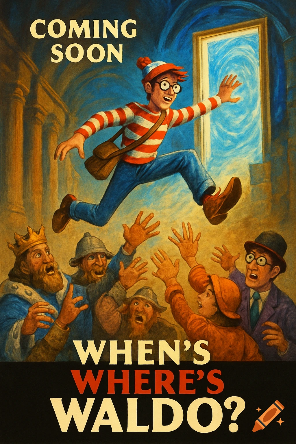 Cartoon movie poster of Waldo jumping through a glowing door as people reach for him. Text reads 'Coming Soon When's Where's Waldo?'
