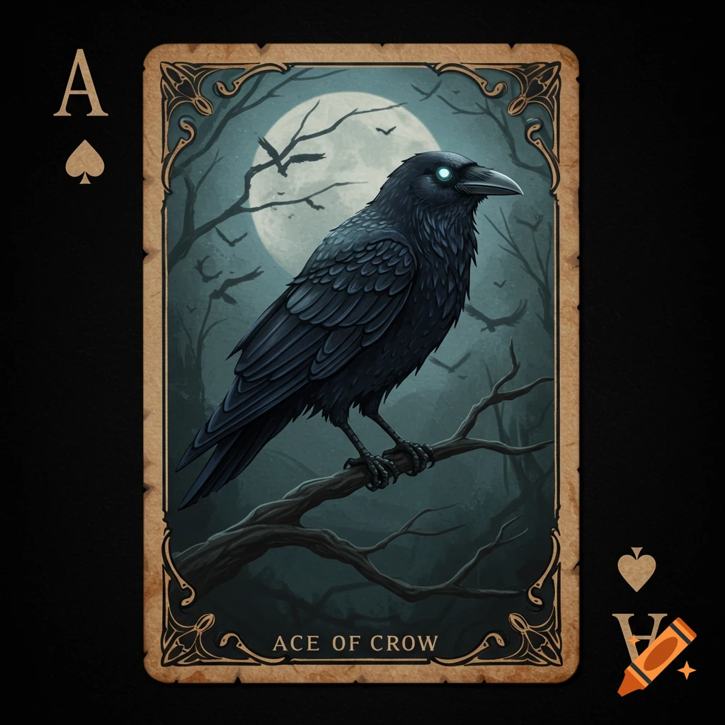 Gothic style ace playing card with a crow on a branch under a full moon.