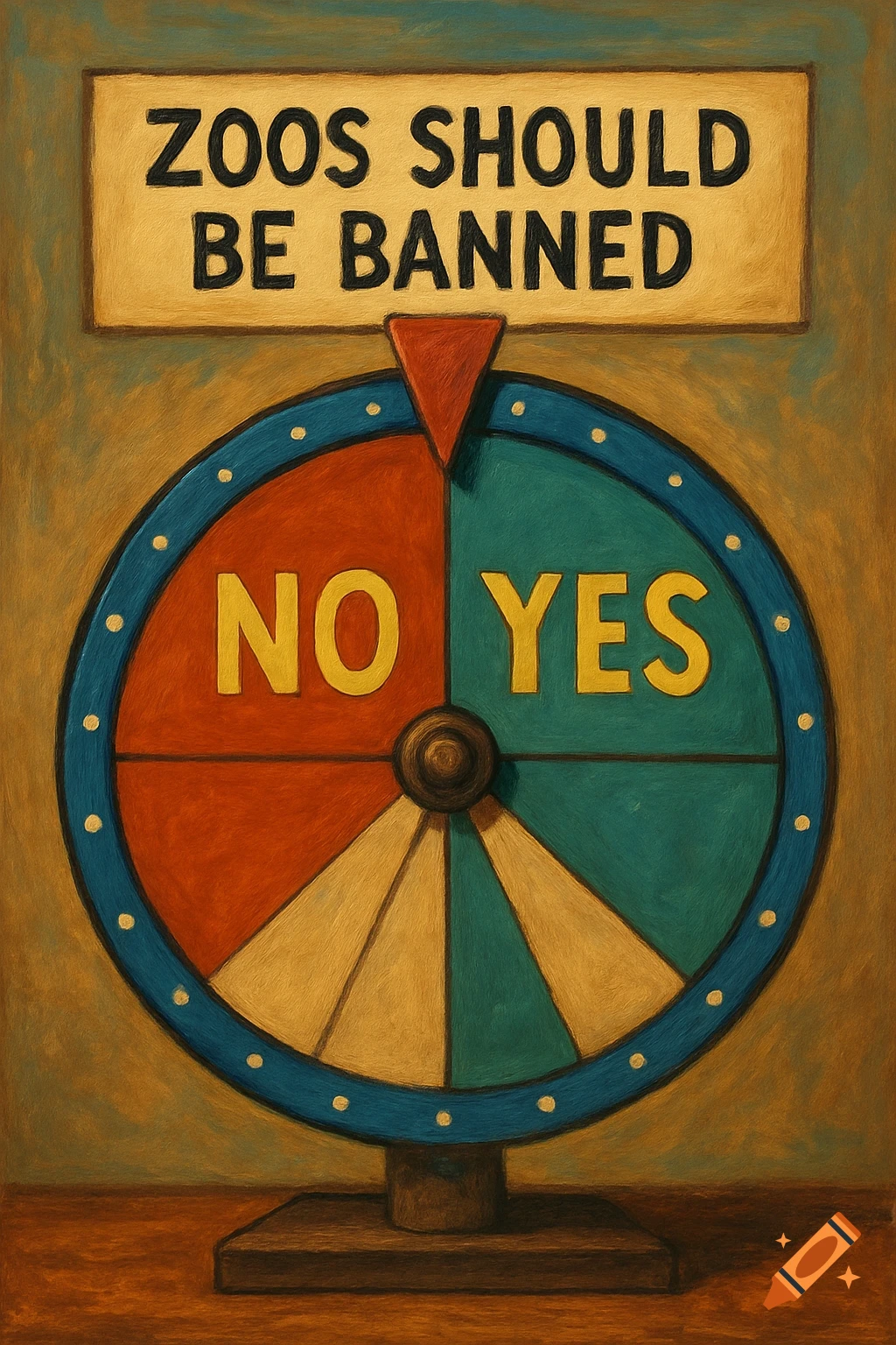 Painting of a spin wheel for a debate, labeled 'ZOOS SHOULD BE BANNED', with 'NO' and 'YES' sections.