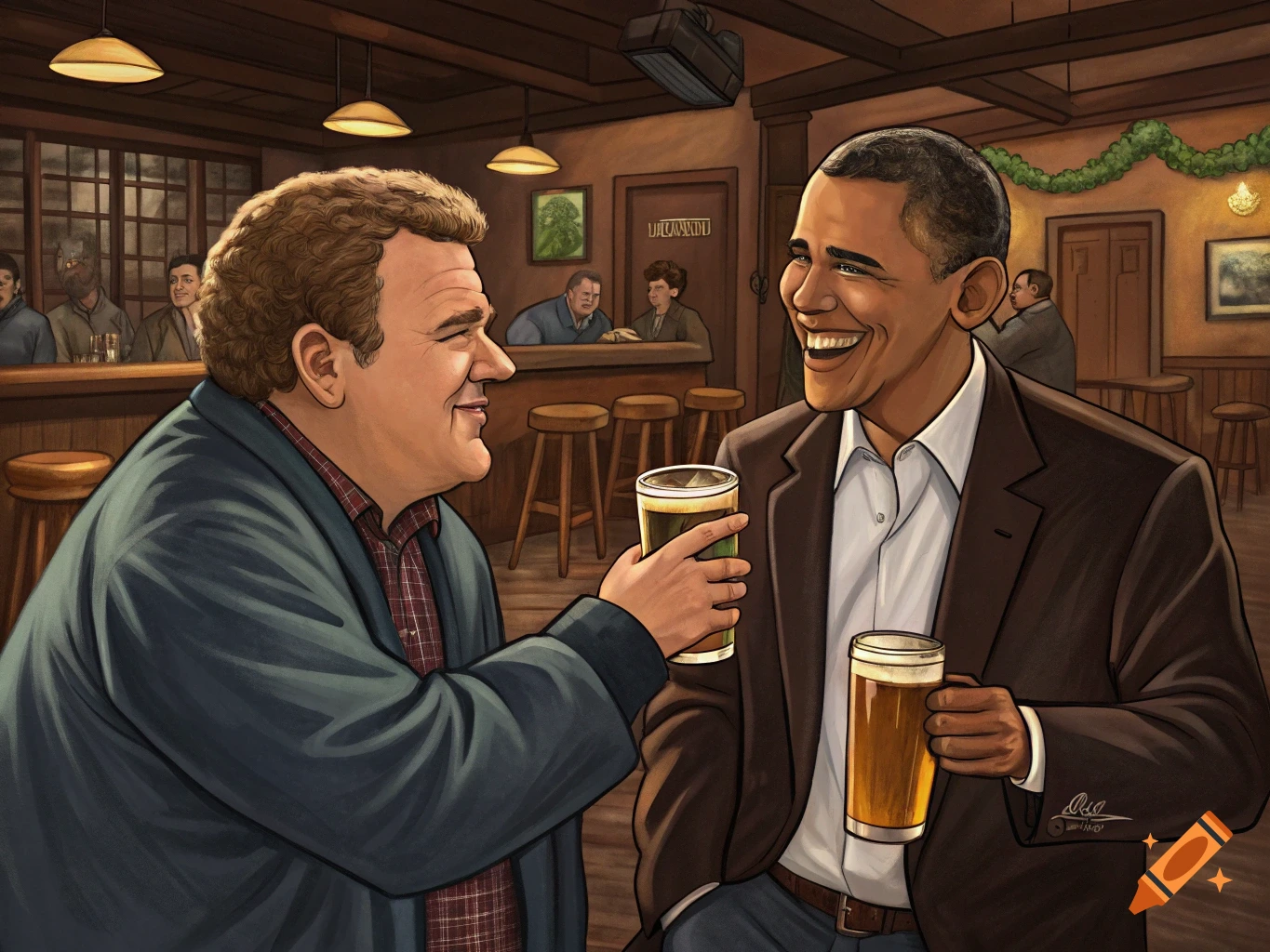 Illustration of Norm from Cheers and Barack Obama laughing and drinking beers in a bar.