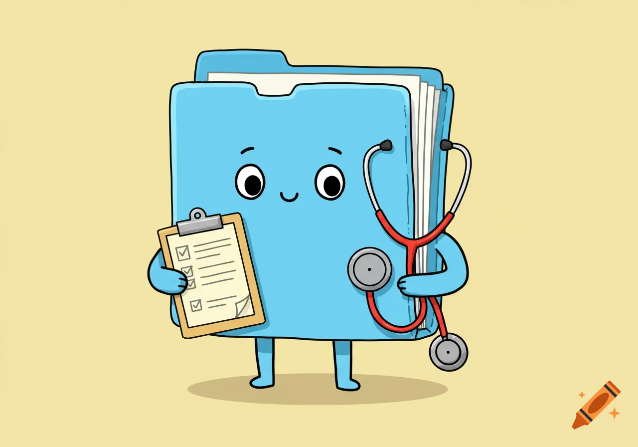 A cartoon blue folder character holding a clipboard and a stethoscope.