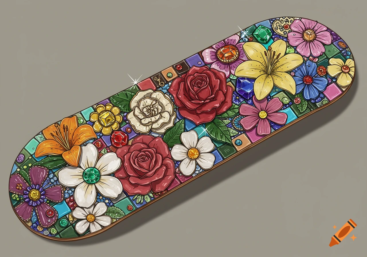 Skateboard decorated with colorful mosaic flowers and gems