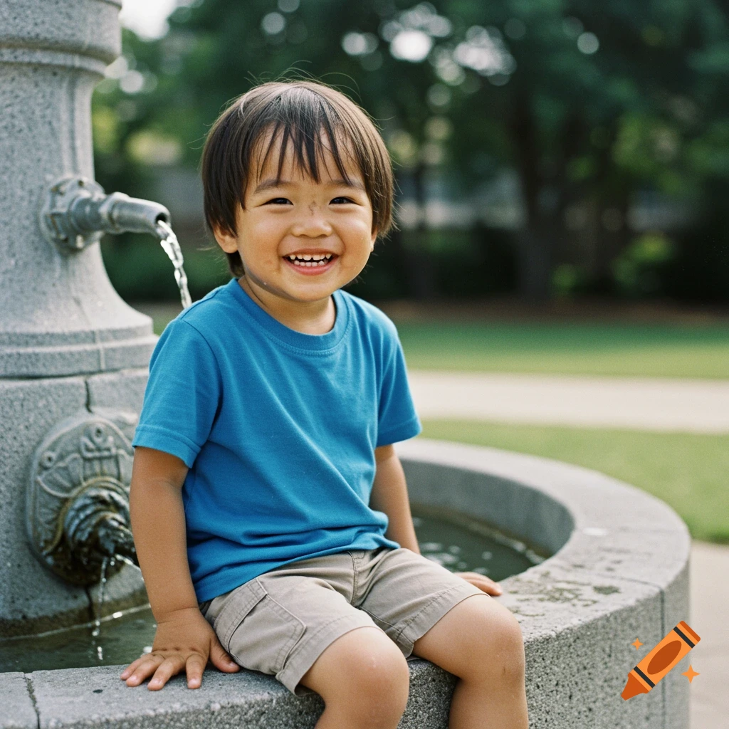 A young boy sits smiling by a fountain in a park.