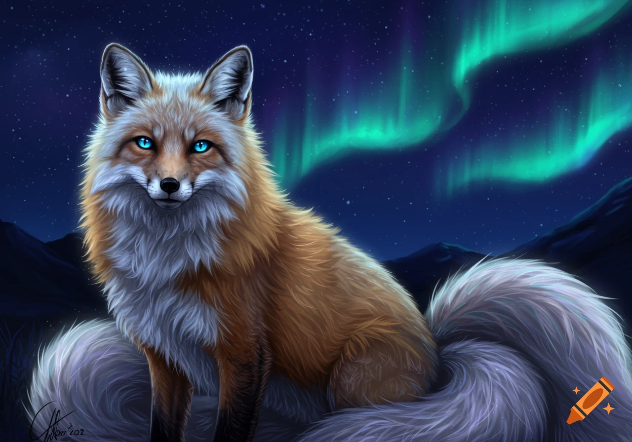 An illustrated fantasy fox with multiple tails and glowing blue eyes sits under the aurora borealis at night.