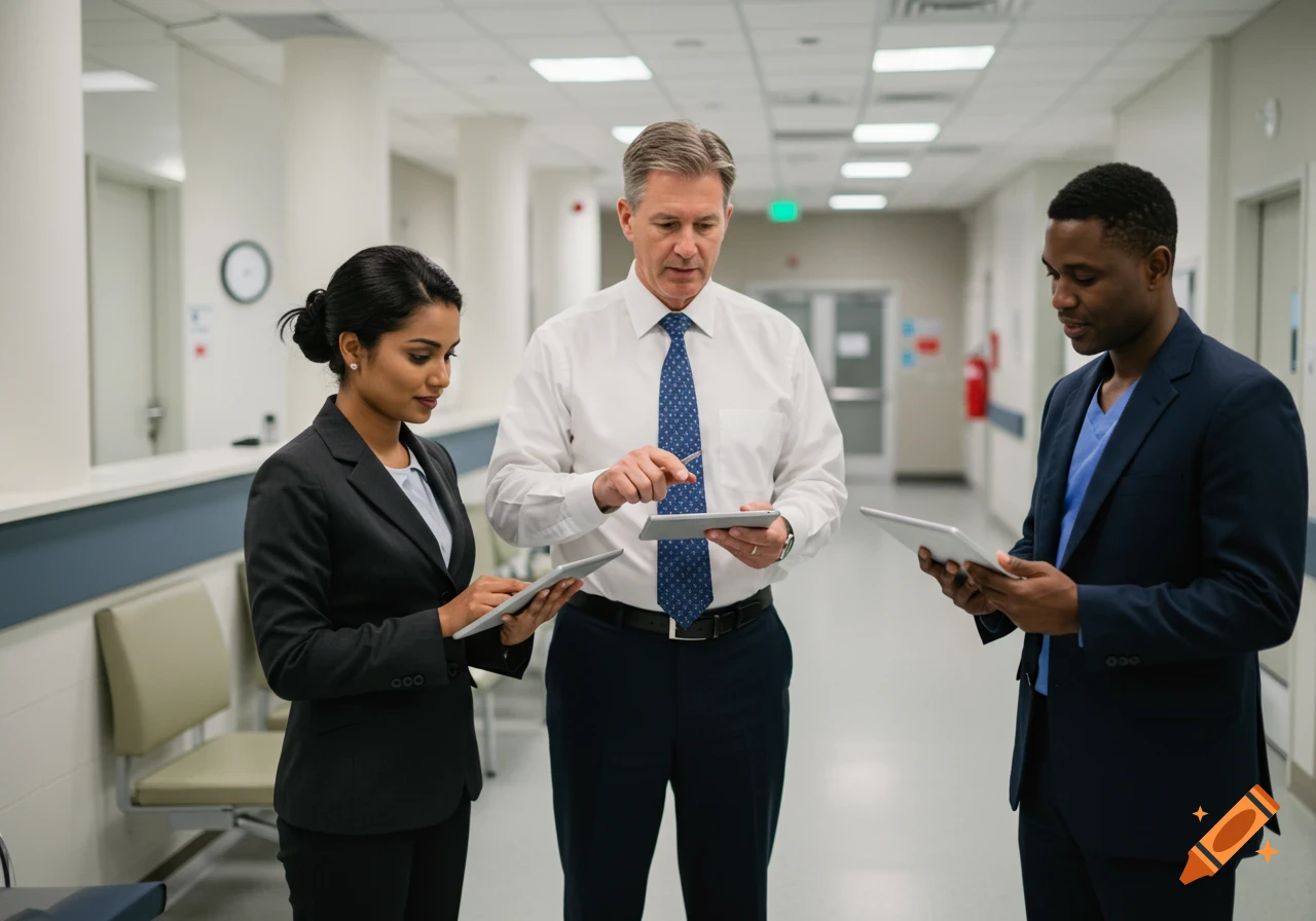 Three business people and a medical professional look at tablets in a hospital hallway, photorealistic.