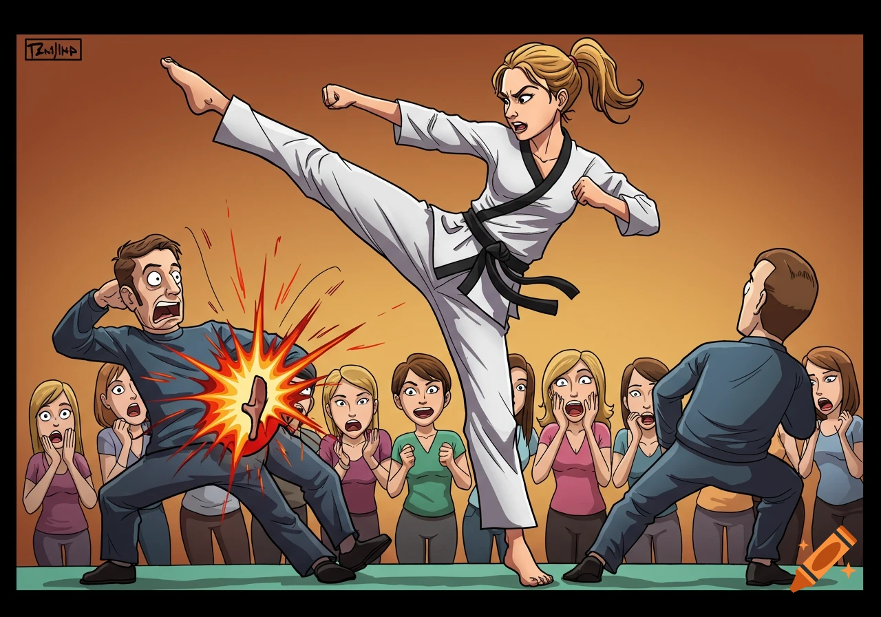 Cartoon of a woman in a gi kicking two men in the groin while a crowd reacts with comedic expressions