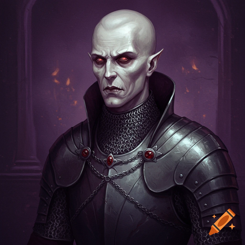 Portrait of a bald vampire with red eyes and fangs, wearing chainmail and armor.