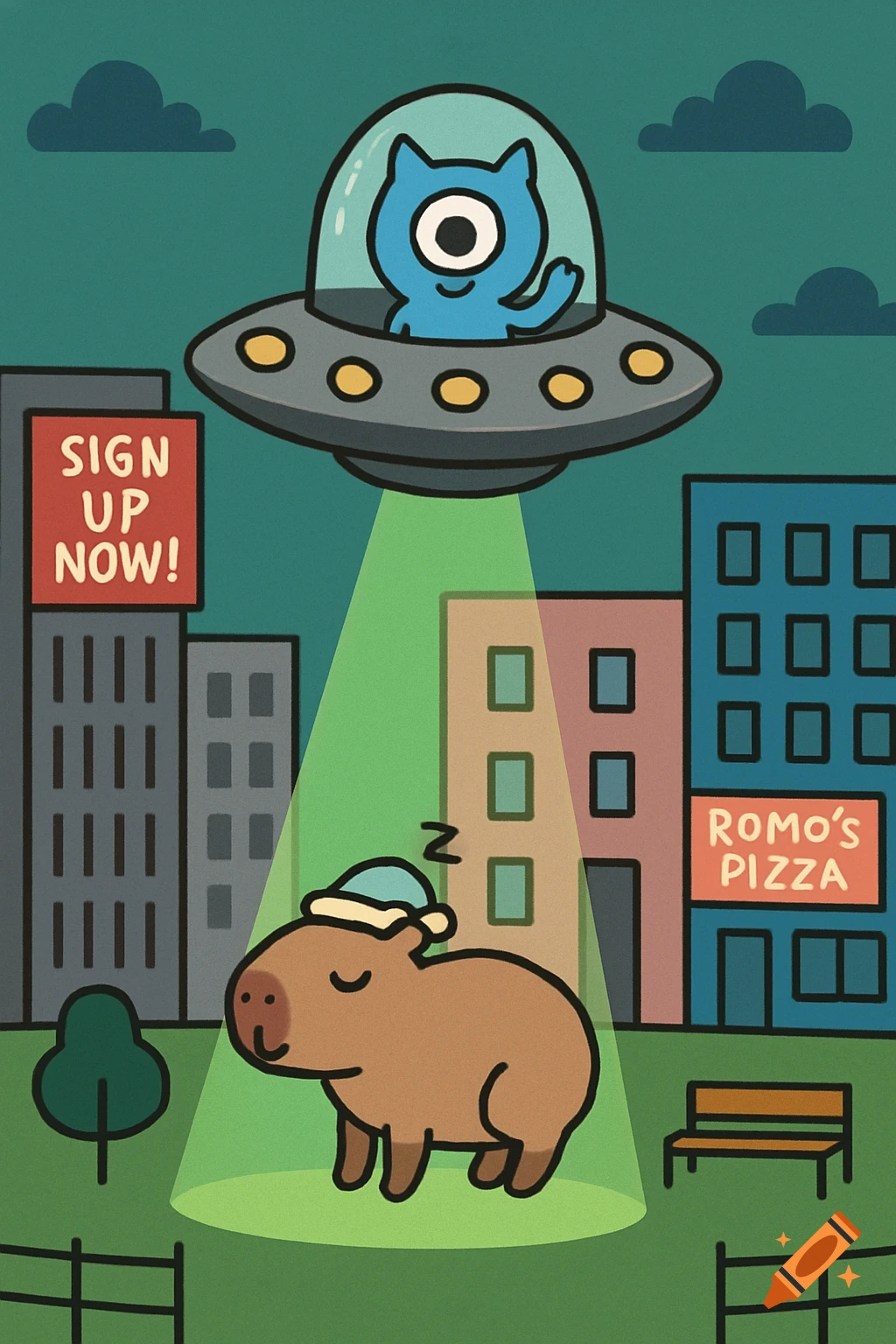 Cartoon alien in a UFO abducts a sleeping capybara from a city park at night.