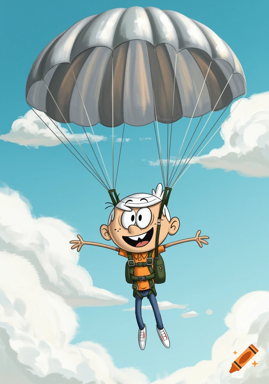 Cartoon character Lincoln Loud parachuting in a blue sky with clouds.