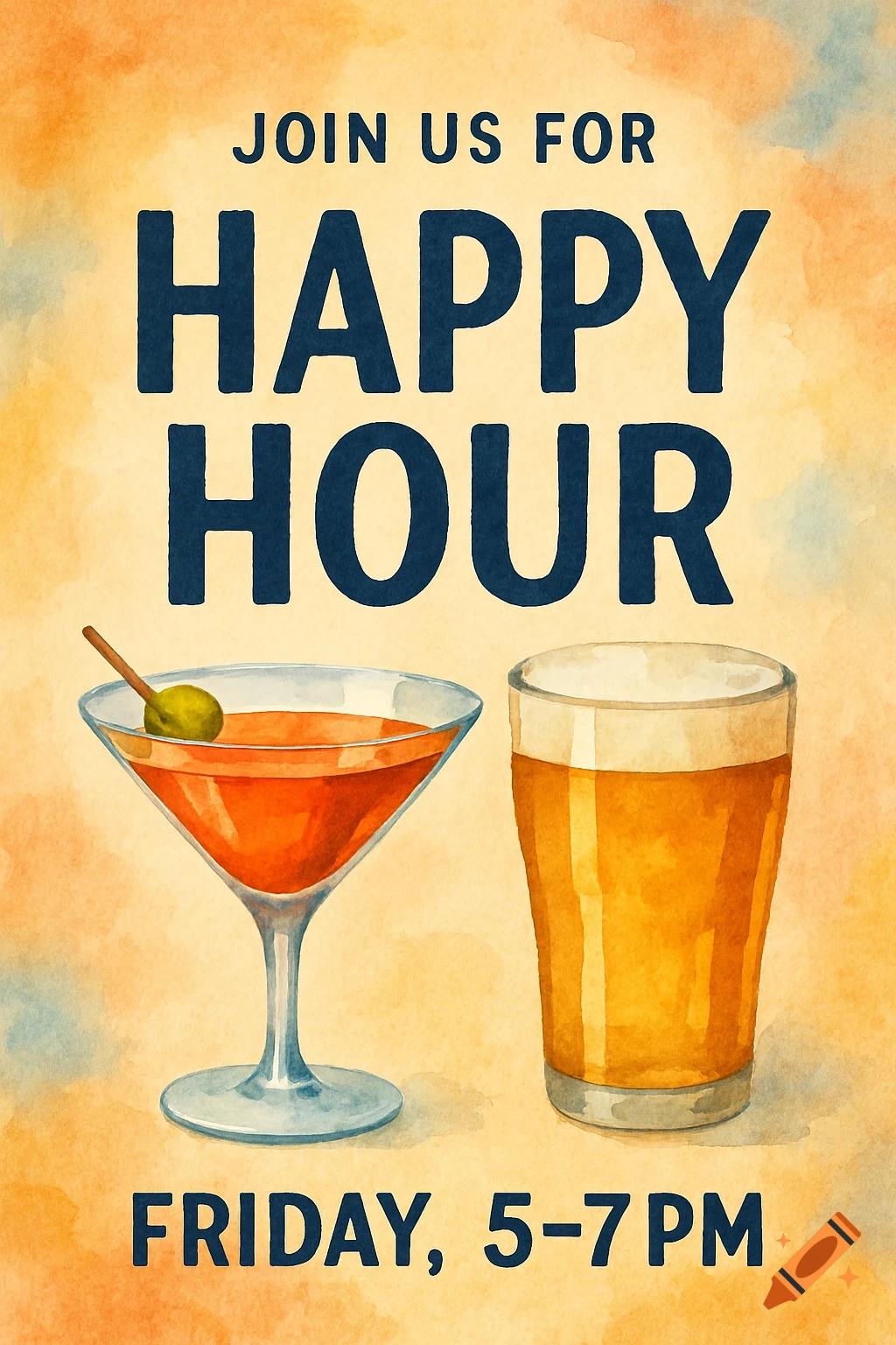 Watercolor illustration poster advertising happy hour, showing a martini and a glass of beer.