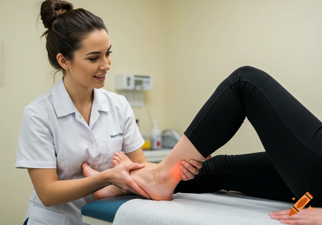 Physiotherapist examines a patient's ankle in a clinic.