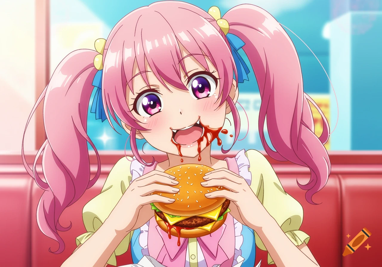 Anime girl with pink pigtails eating a hamburger with dripping sauce.