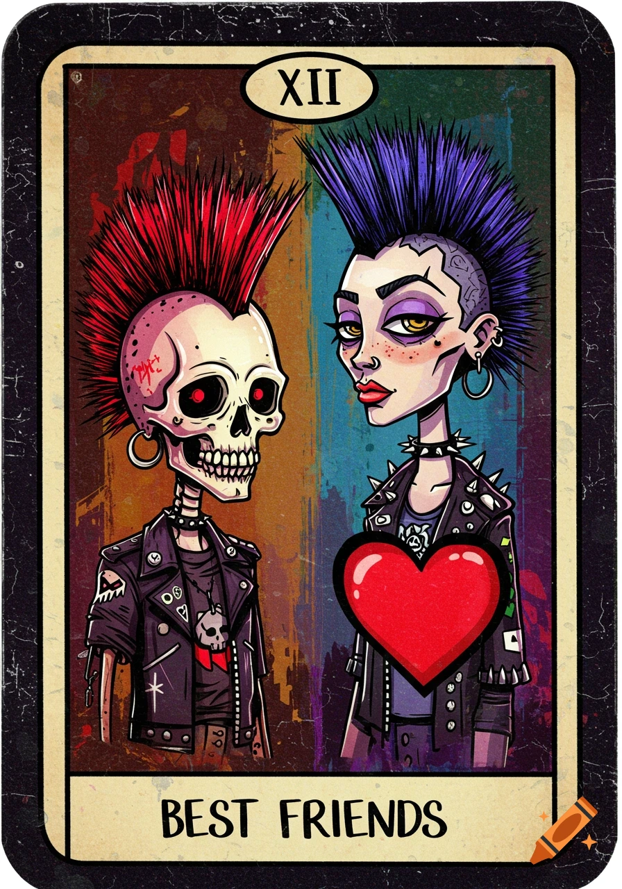 A punk skull and a punk person in leather jackets holding a heart, styled as a tarot card illustration with the text "BEST FRIENDS" and "XII".