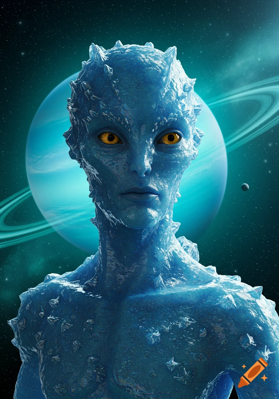 A close-up portrait of a hyperrealistic blue ice alien with sharp features and golden eyes, set against a planet with rings in space.