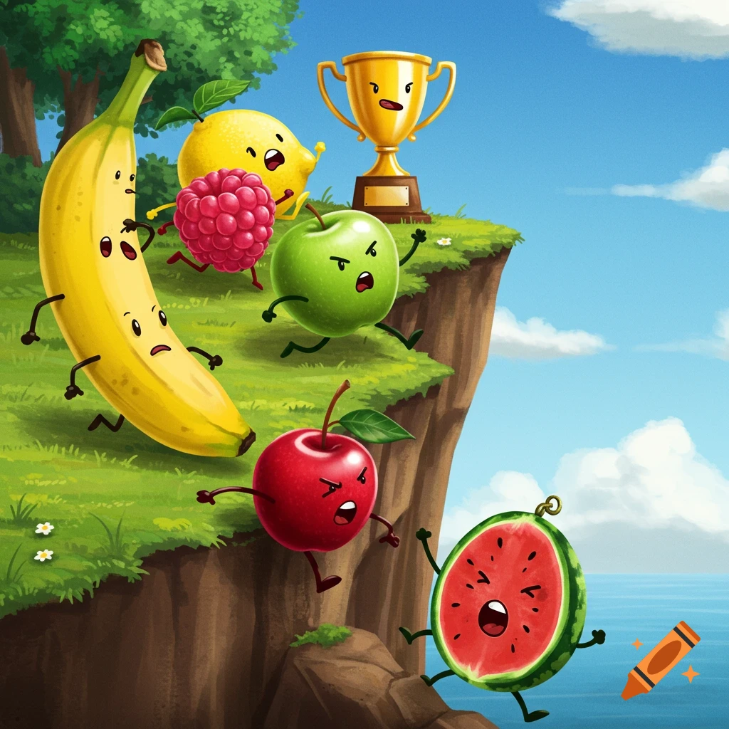 Cartoon fruits racing up a cliff towards a trophy