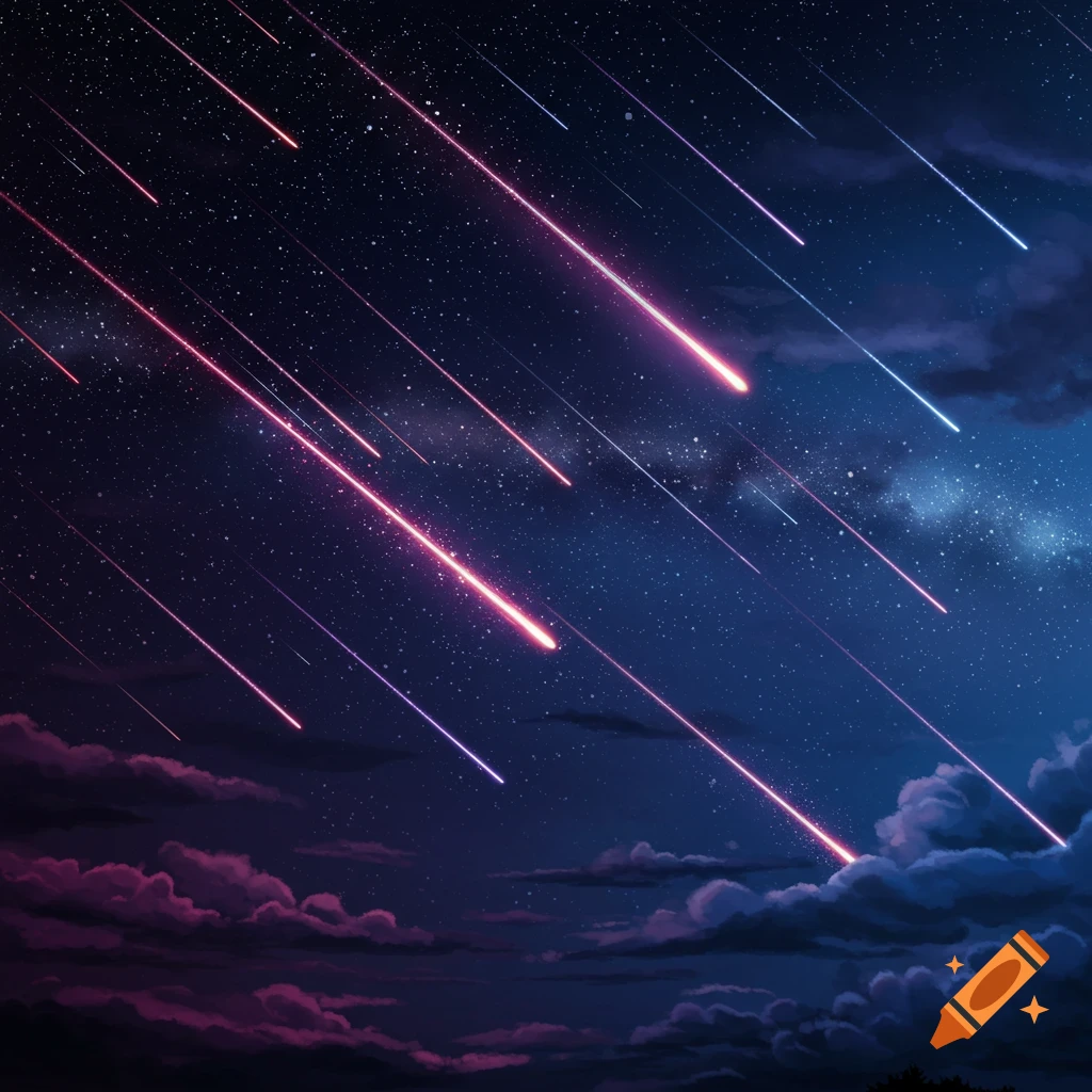 A starry night sky with many shooting stars streaking across, with clouds below.