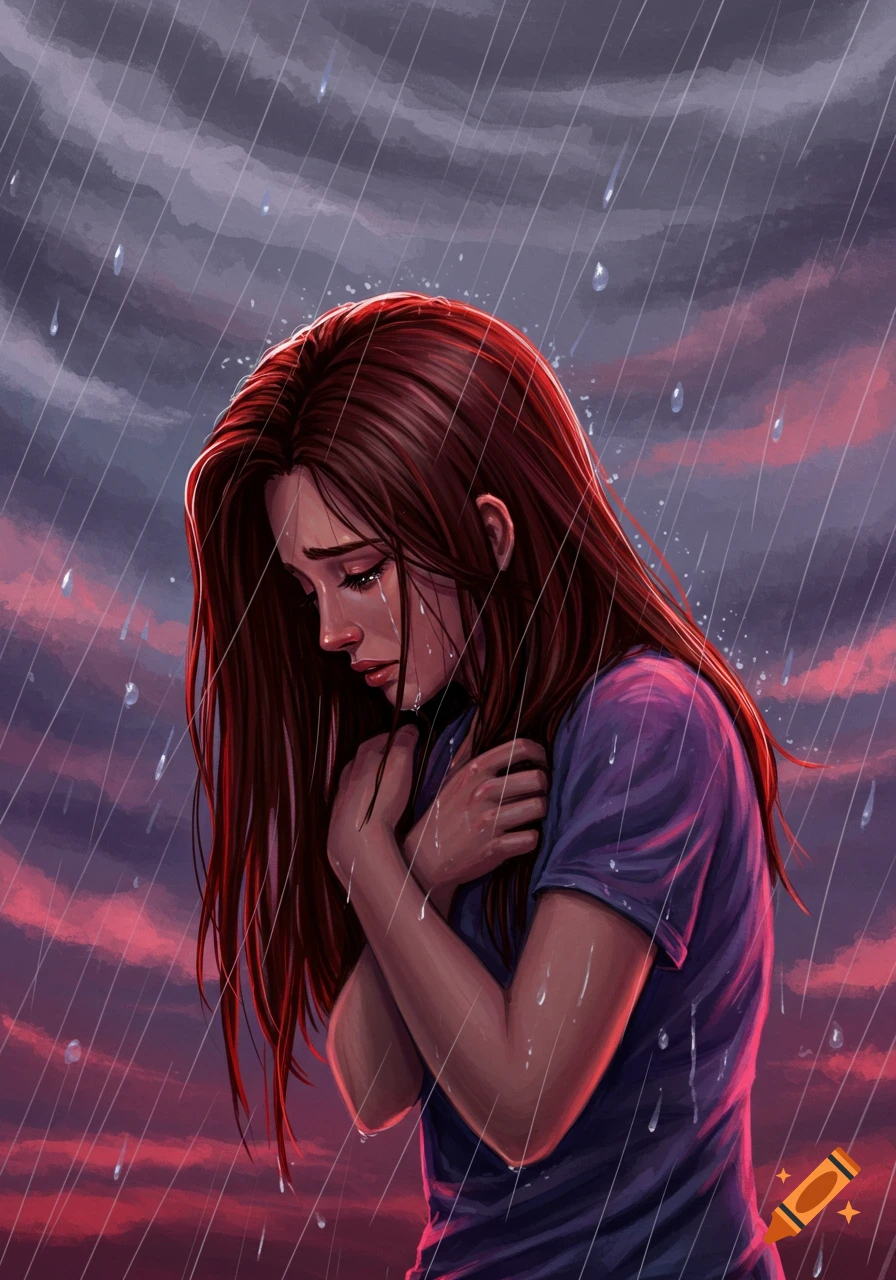 Digital painting of a crying woman standing in the rain.