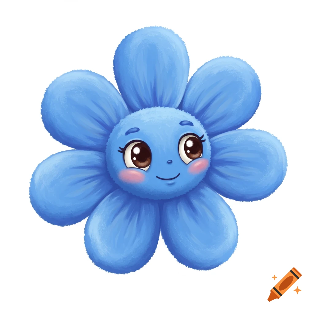A cute cartoon blue flower with a face and rosy cheeks.