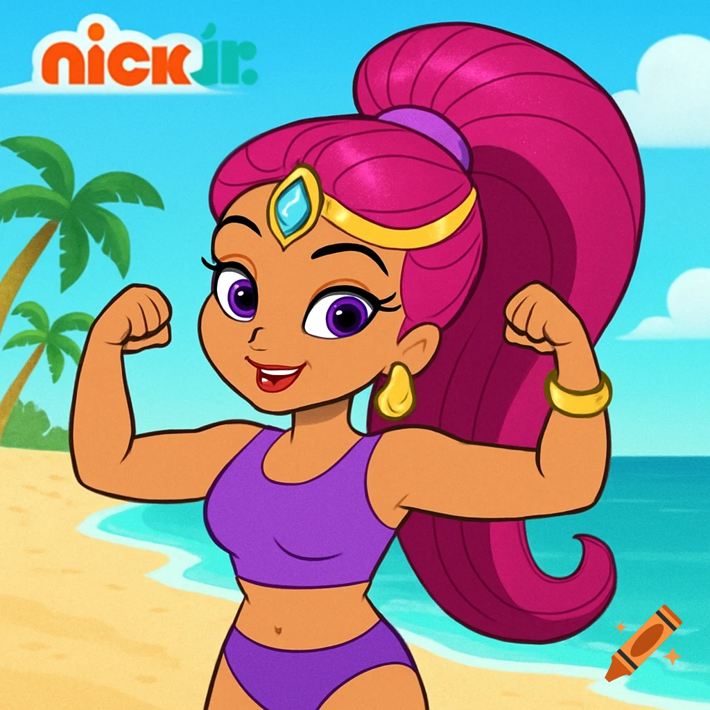 Cartoon character flexing in a bikini on a beach with Nick Jr. logo.