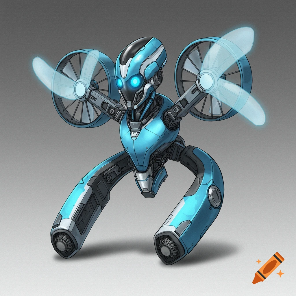 A futuristic blue robot with large fans for arms.