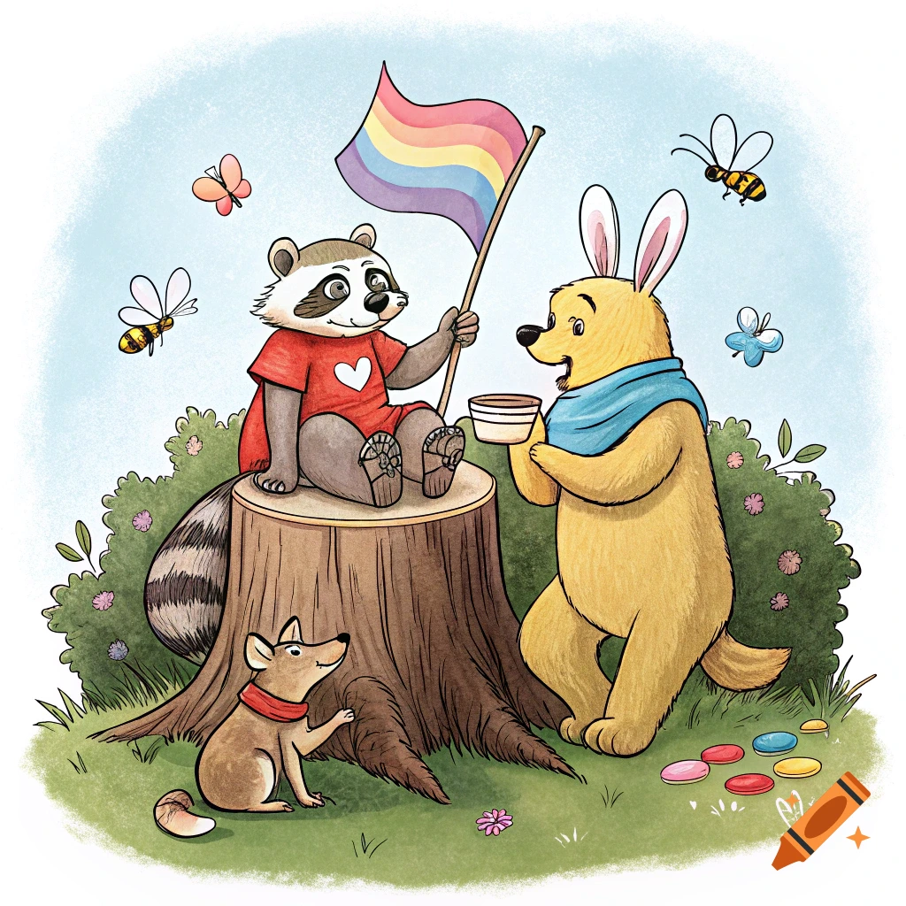 Cartoon raccoon holding a rainbow flag on a stump with a rabbit/bear and dog in a park.