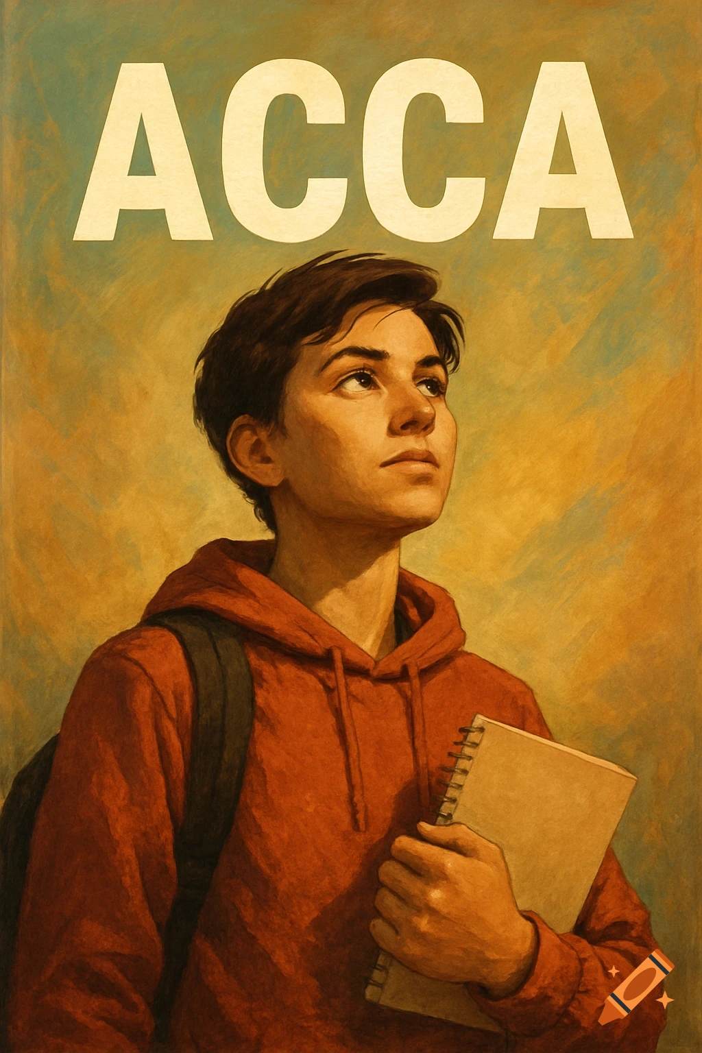 Portrait of a young person in a red hoodie looking up, holding a notebook, with 'ACCA' text above, in a painted style.