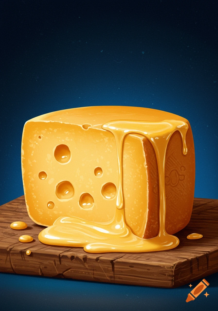 A block of cheese with holes has golden honey dripping down its side onto a wooden cutting board.