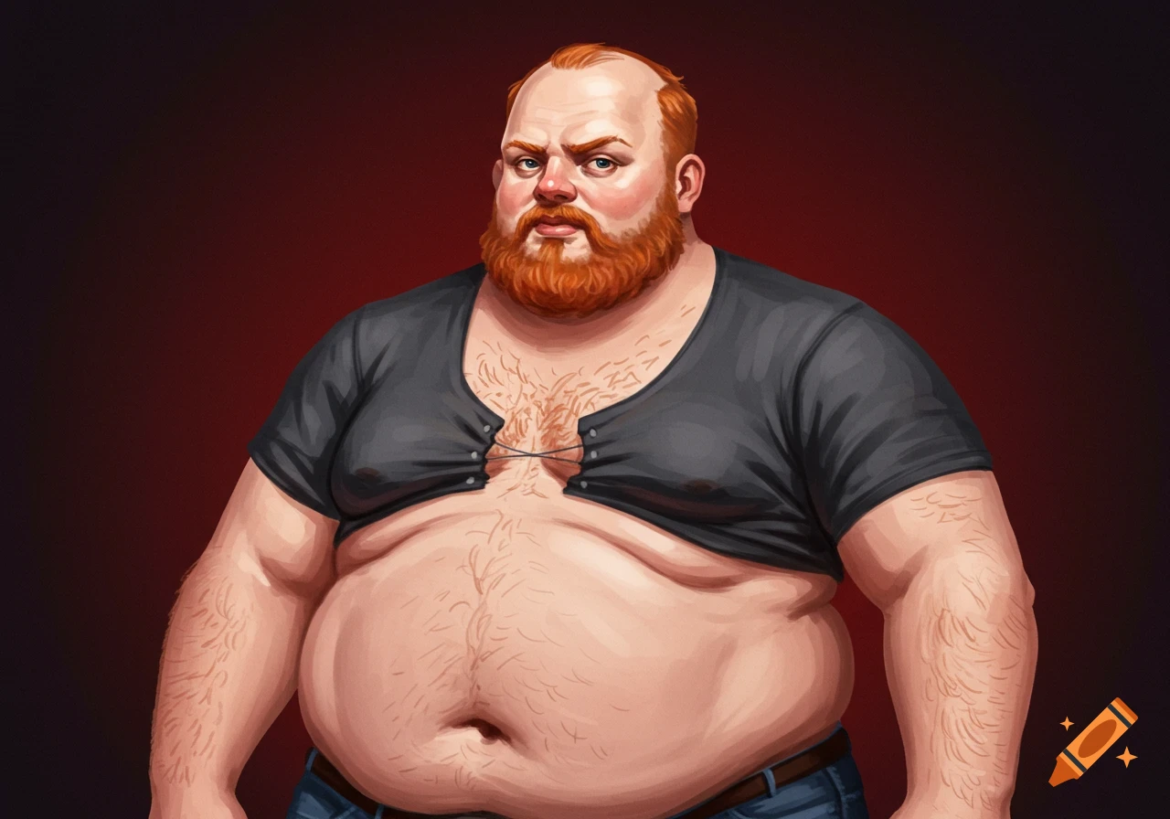 An illustration of a chubby man with a red beard and balding head wearing a tight black shirt.