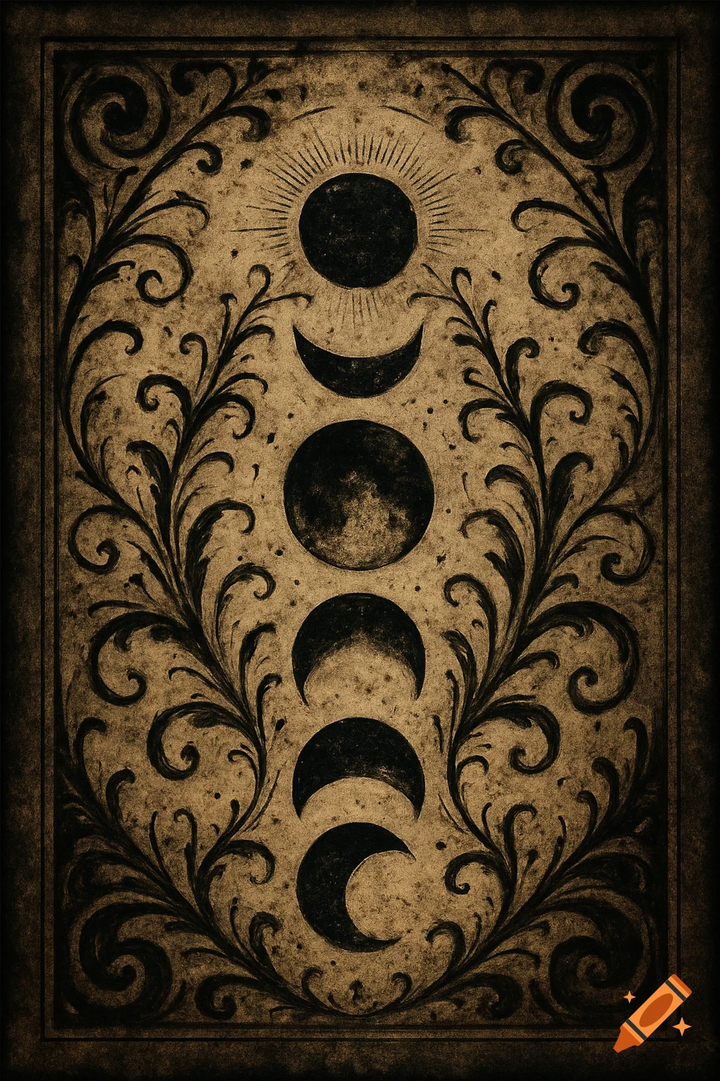 Vintage illustration of moon phases and a sun surrounded by dark floral patterns on a textured background.