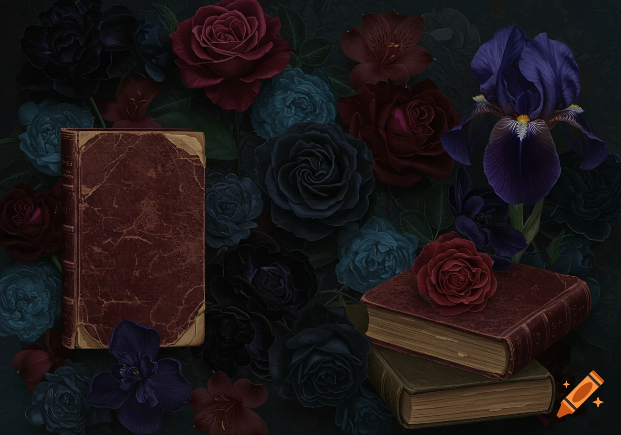 Stack of old books surrounded by dark roses, irises, and other flowers.