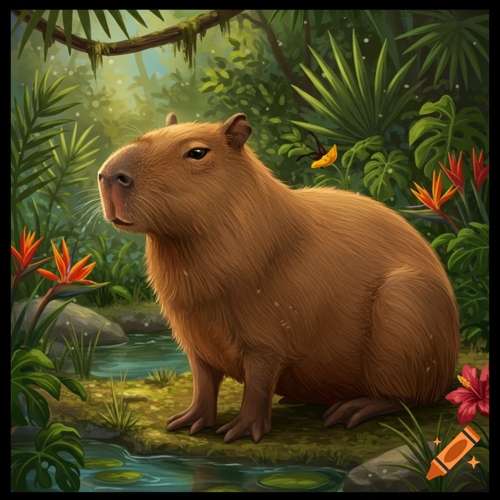 An illustration of a capybara sitting by a stream in a lush jungle.