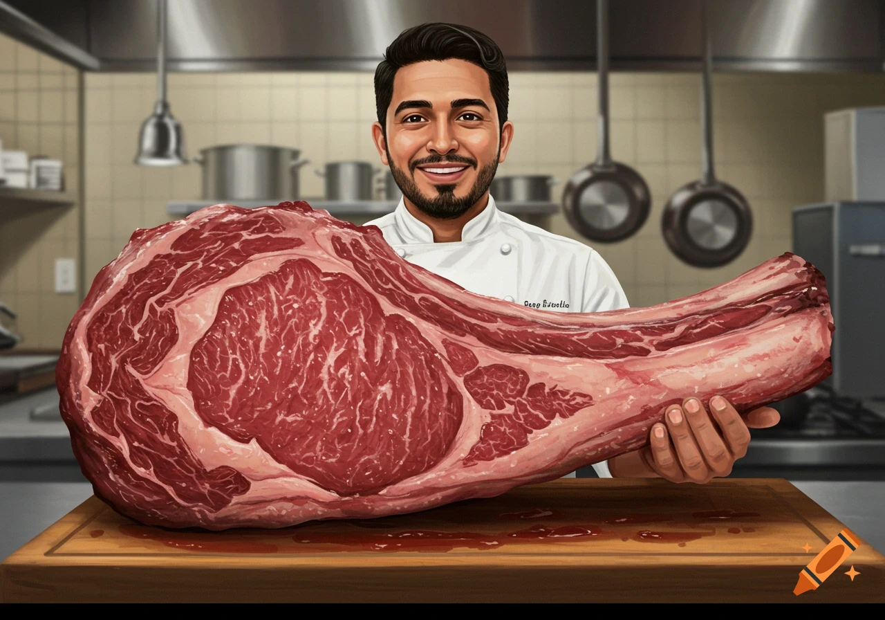 Digital illustration of a smiling chef holding a giant raw steak in a kitchen.
