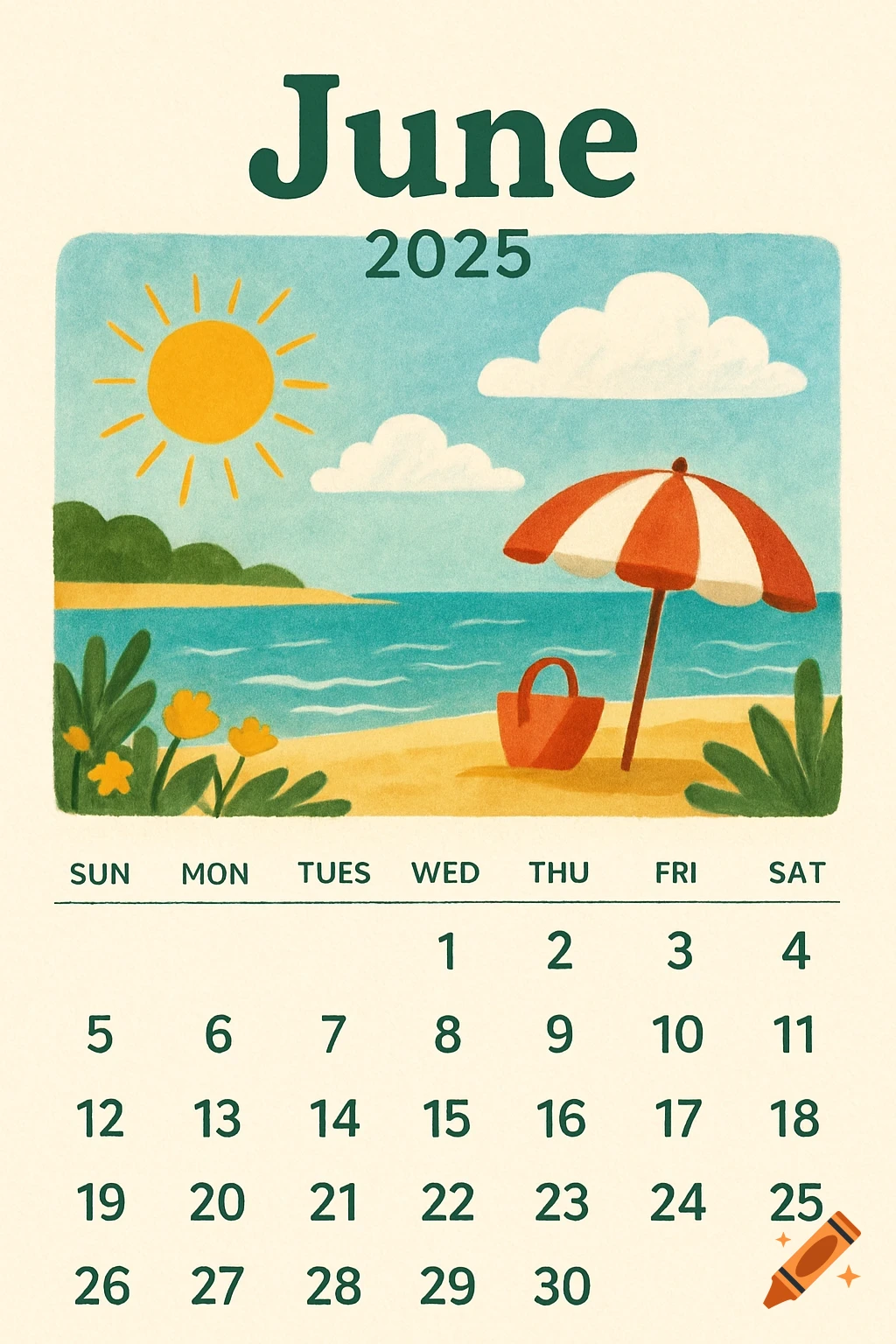 An illustrated calendar page for June 2025 with a beach scene showing the sun, ocean, beach umbrella, and sand.