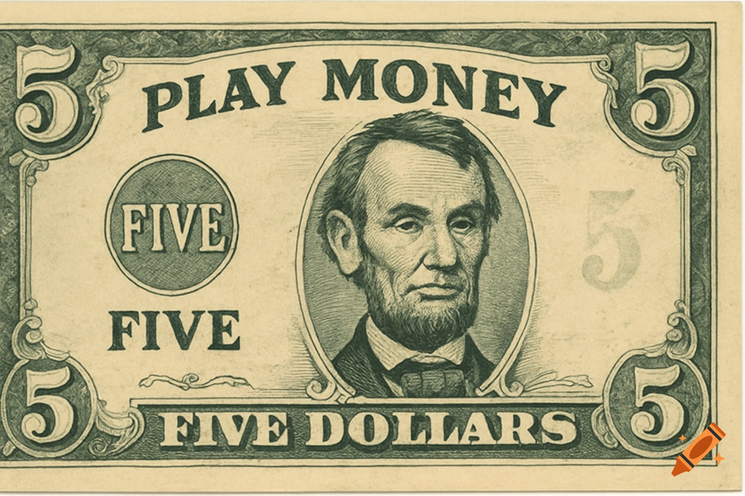 A five dollar play money bill with Abraham Lincoln's portrait