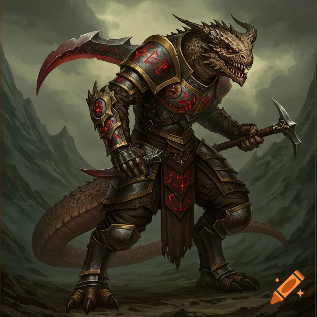 Draconic warrior creature in dark fantasy armor, holding a pickaxe and ...