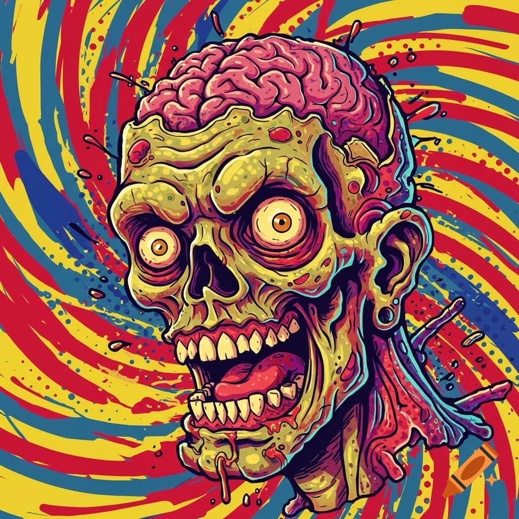 Stylized illustration of a zombie head with exposed brain against a colorful swirling background