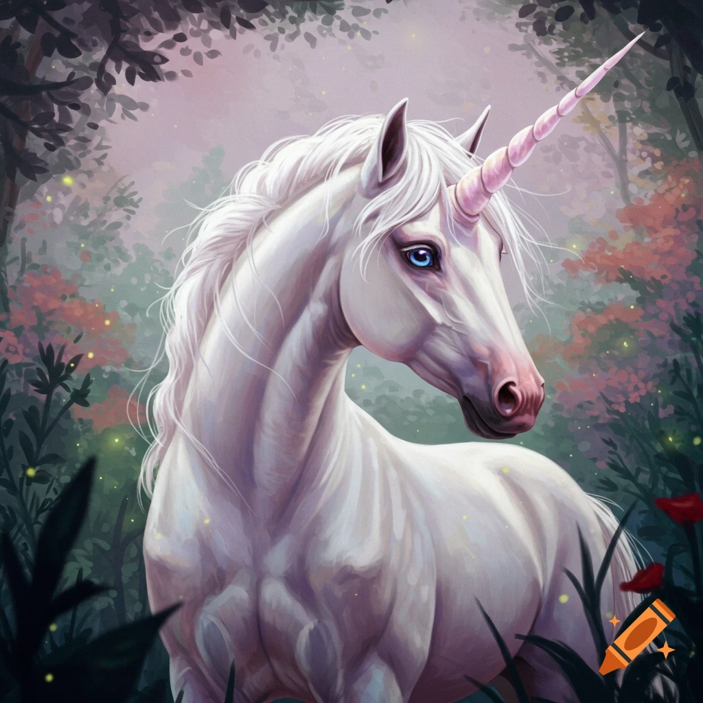 A white unicorn with a pink horn stands in a mystical forest clearing.
