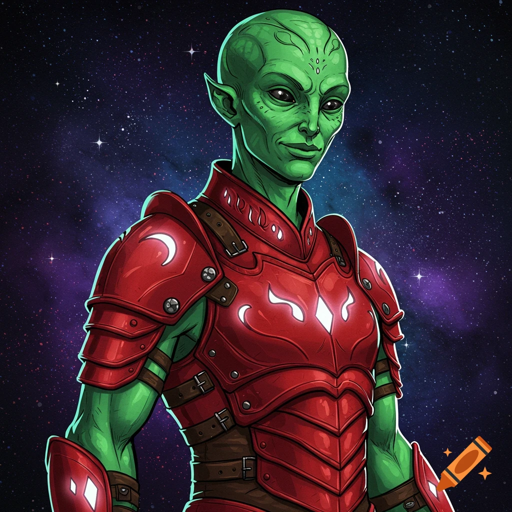 A green-skinned alien wearing red armor against a starry background.